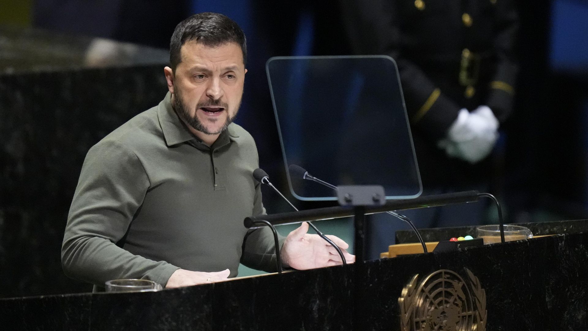 Президент Украины Владимир Зеленский во время выступления на Генеральной ассамблее ООН Президент Украины Владимир Зеленский во время выступления на Генеральной ассамблее ООН - РИА Новости, 1920, 20.09.2023