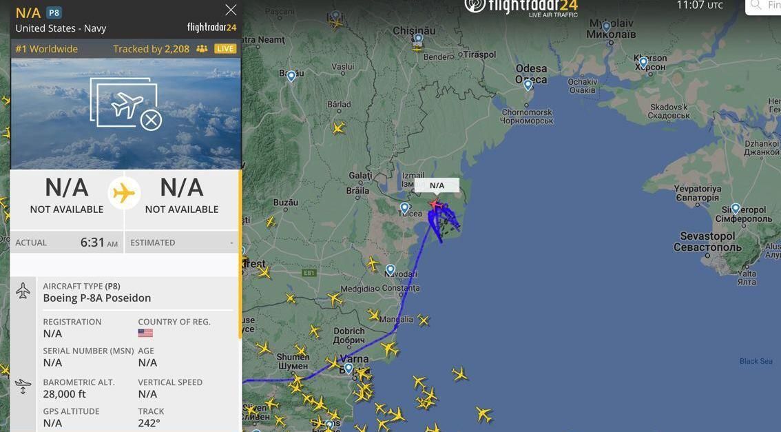 Скрин сервиса Flightradar с данными о нахождении самолета-разведчика Boeing P-8S Poseidon Скрин сервиса Flightradar с данными о нахождении самолета-разведчика Boeing P-8S Poseidon - РИА Новости, 1920, 22.09.2023