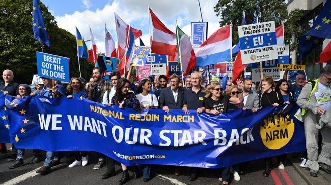 Участники кампании против Brexit во время марша за возвращение Великобритании в состав Евросоюза в центре Лондона. 23 сентября 2023