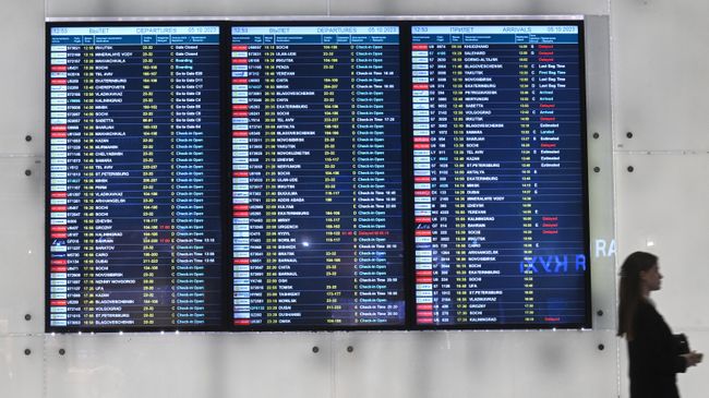 Девушка возле электронного табло вылетов в аэропорту Домодедово