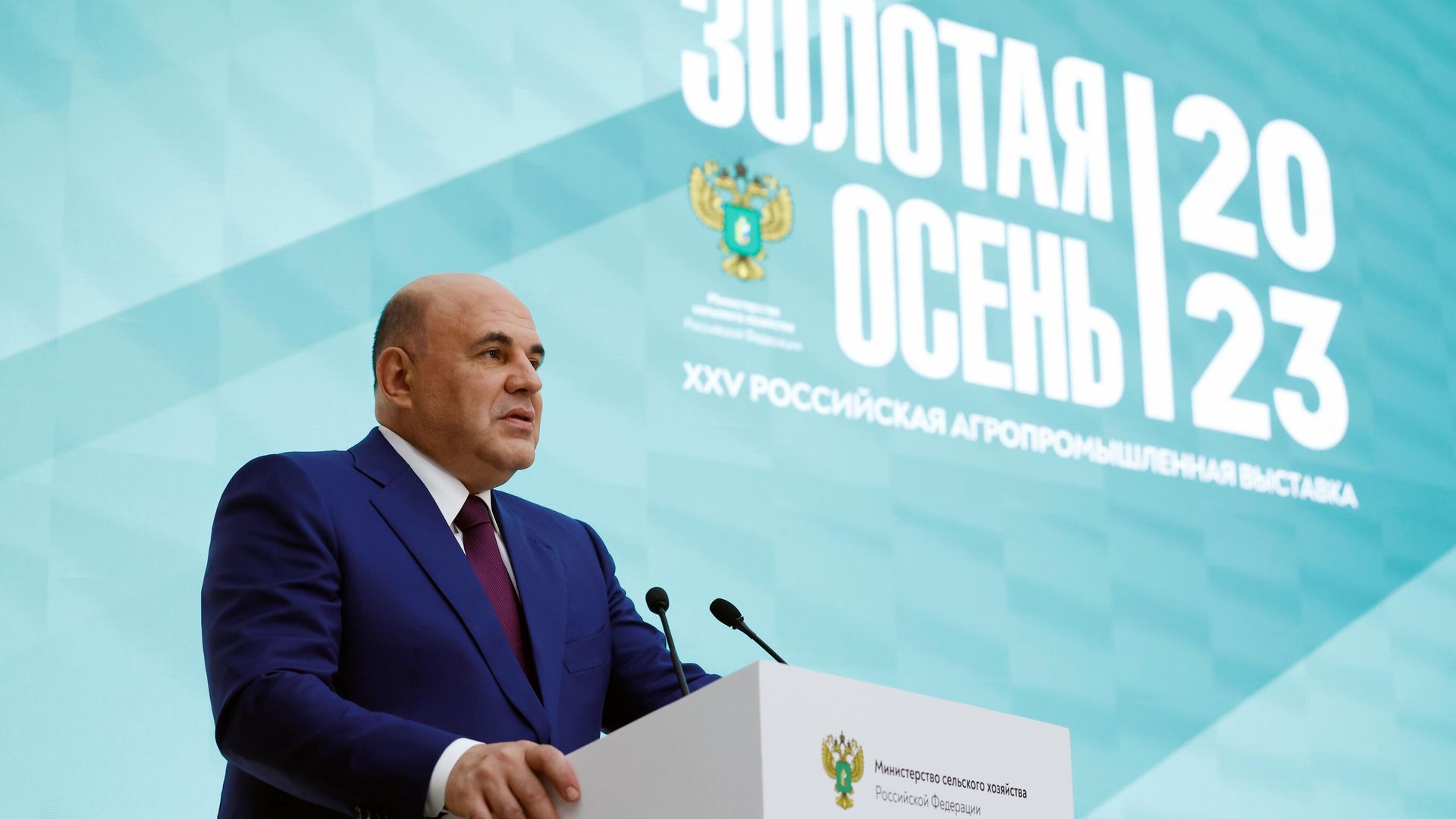 Председатель правительства РФ Михаил Мишустин выступает на пленарном заседании российской агропромышленной выставки Золотая осень. 5 октября 2023 Председатель правительства РФ Михаил Мишустин выступает на пленарном заседании российской агропромышленной выставки Золотая осень. 5 октября 2023 - РИА Новости, 1920, 05.10.2023