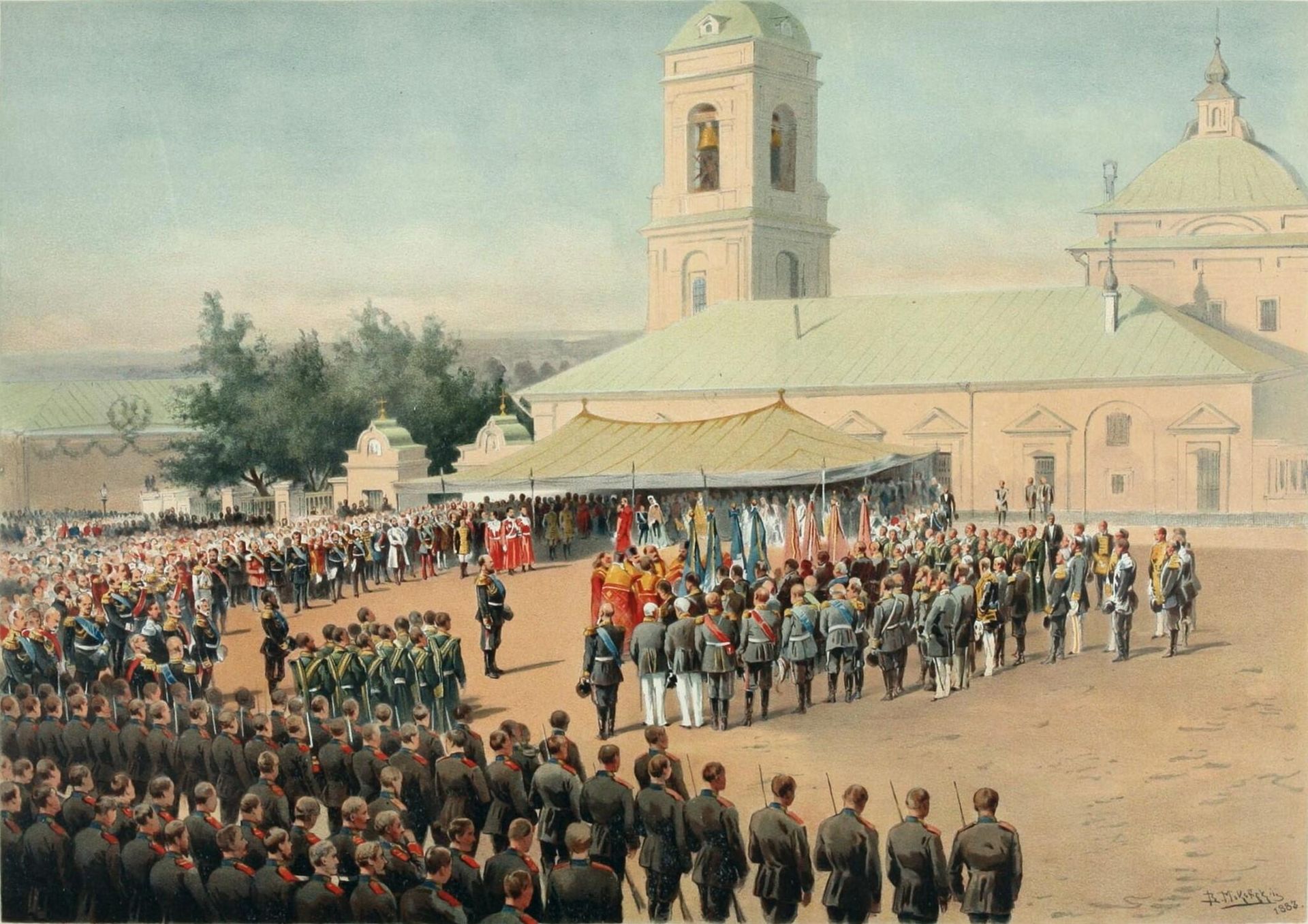 Празднование 200-летнего юбилея Преображенского полка. Освящение знамён Петровской бригады у храма в присутствии Александра III. 1883 г. Празднование 200-летнего юбилея Преображенского полка. Освящение знамён Петровской бригады у храма в присутствии Александра III. 1883 г. - РИА Новости, 1920, 13.10.2023