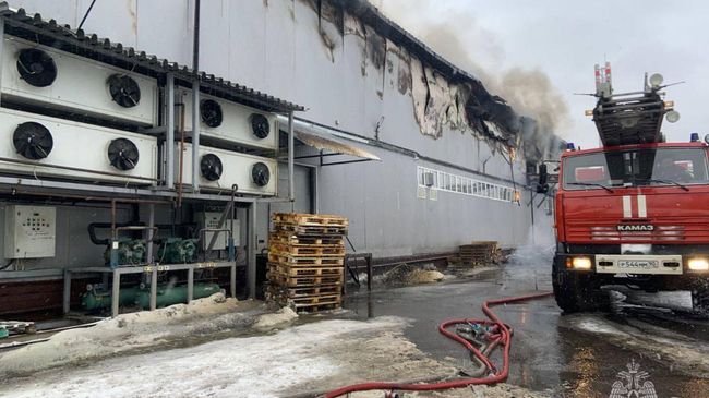 Пожар в деревне Петушки, где горит производственное здание Пожар в деревне Петушки, где горит производственное здание