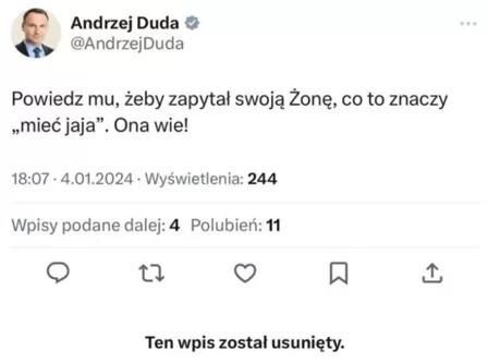 Скрин-шот поста, распространяемого в сети интернет и приписываемого президенту Польши Анджею Дуде Скрин-шот поста, распространяемого в сети интернет и приписываемого президенту Польши Анджею Дуде - РИА Новости, 1920, 05.01.2024