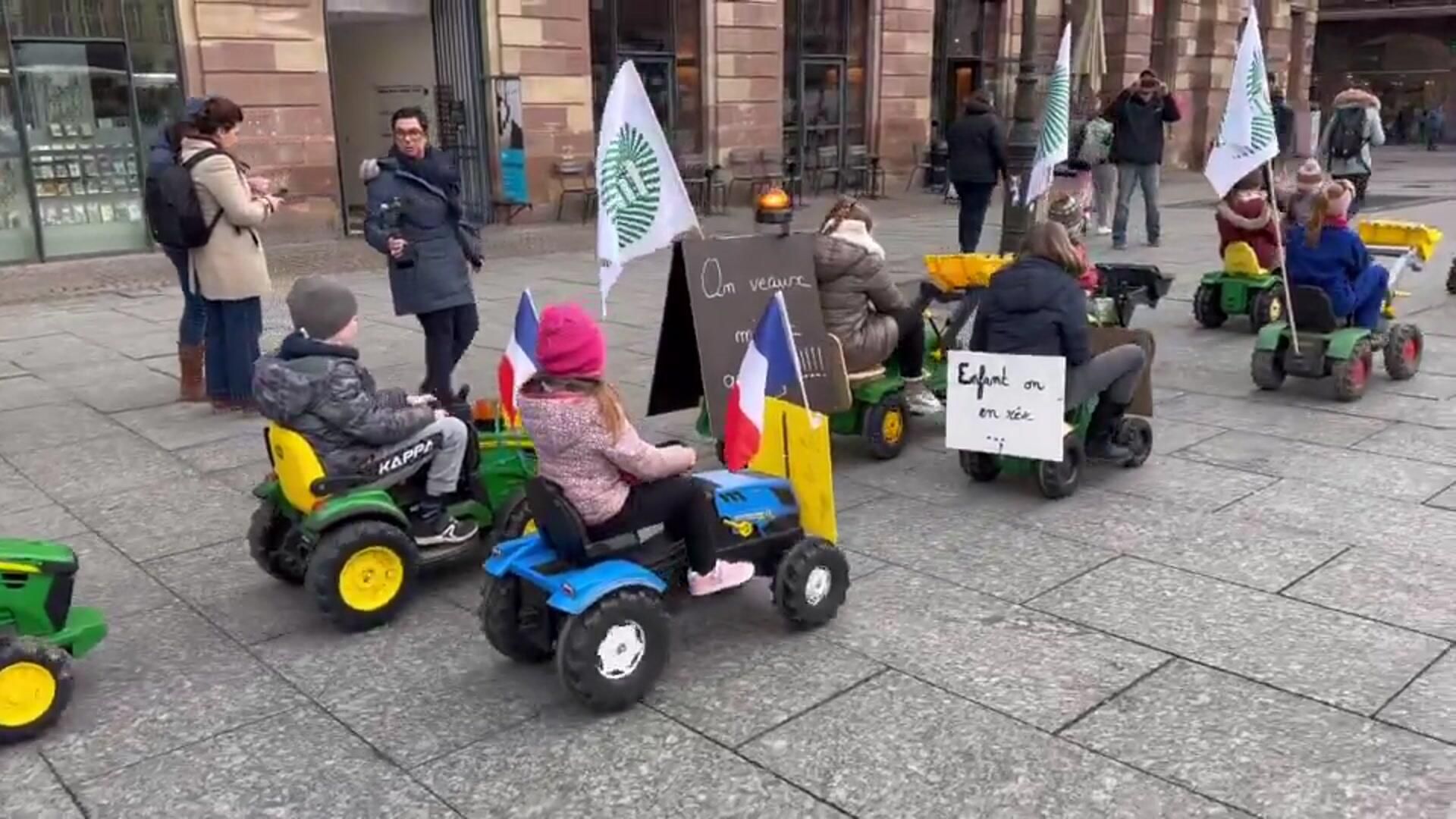 Дети протестующих фермеров на мини-тракторах в центре французского Страсбурга Дети протестующих фермеров на мини-тракторах в центре французского Страсбурга - РИА Новости, 1920, 31.01.2024