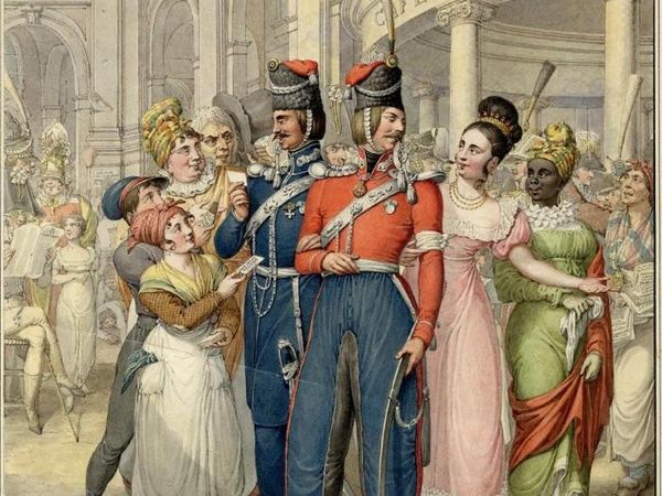 Казаки в Пале-рояле. Париж, 1814. Опиц Г.-Э. 1815 г. Бумага, акварель, тушь, белила Казаки в Пале-рояле. Париж, 1814. Опиц Г.-Э. 1815 г. Бумага, акварель, тушь, белила