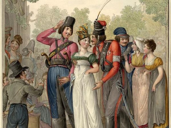 Казаки в компании парижанок. Париж, 1814. Опиц Г.-Э. 1815 г. Бумага, акварель, тушь, белила Казаки в компании парижанок. Париж, 1814. Опиц Г.-Э. 1815 г. Бумага, акварель, тушь, белила