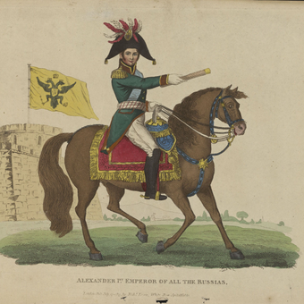 Александр I на коне., Великобритания, 1815 г., Бумага, офорт, раскраска Александр I на коне., Великобритания, 1815 г., Бумага, офорт, раскраска