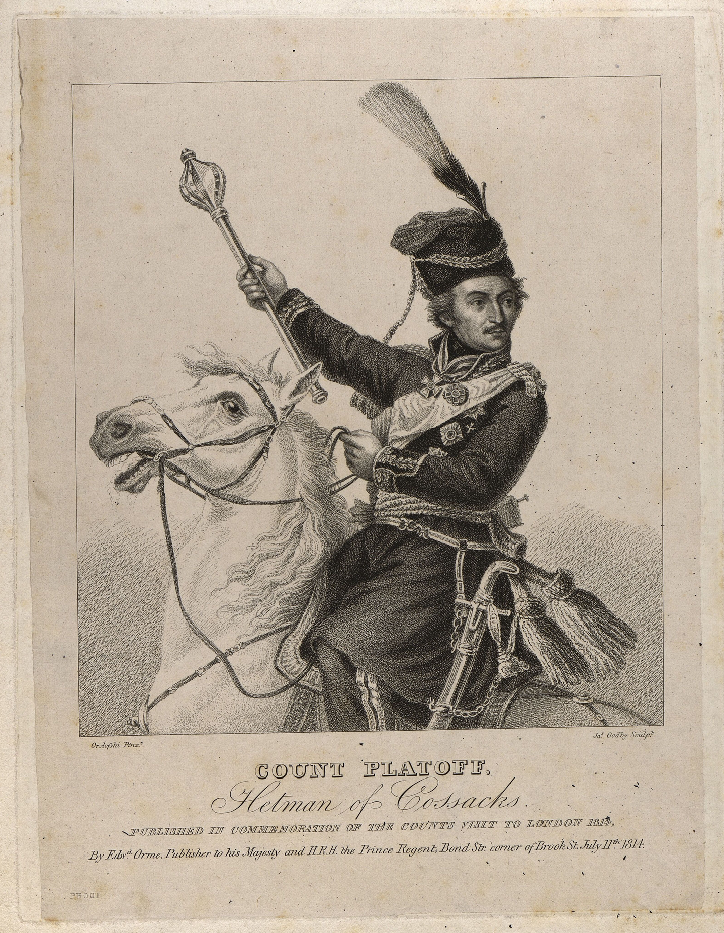 Матвей Иванович Платов, Ж. Годби, 1814 г. Бумага, гравюра пунктиром Матвей Иванович Платов, Ж. Годби, 1814 г. Бумага, гравюра пунктиром