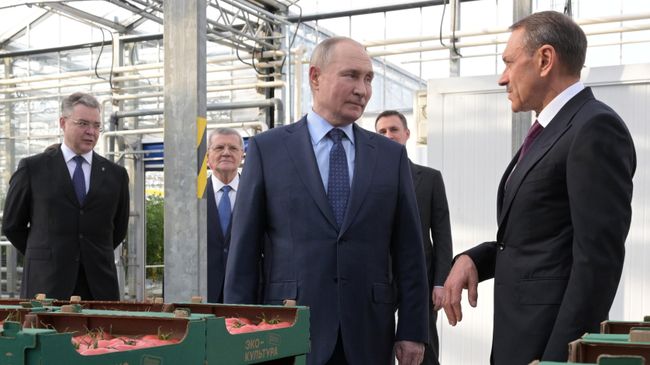 Президент РФ Владимир Путин во время посещения тепличного комплекса ООО Солнечный дар агропромышленного холдинга Эко-культура на территории Регионального индустриального парка Солнечный в Ставрополе