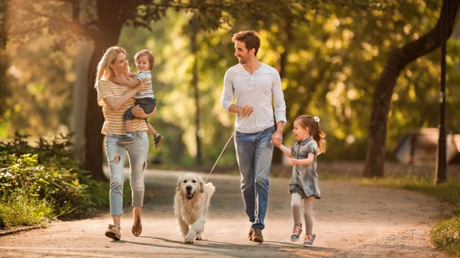 Семья гуляет в парке