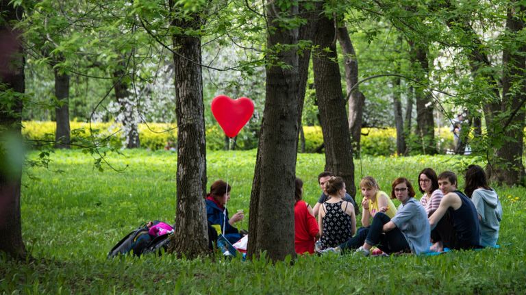 Горожане отдыхают в яблоневом саду в московском музее-заповеднике Коломенское Горожане отдыхают в яблоневом саду в московском музее-заповеднике Коломенское