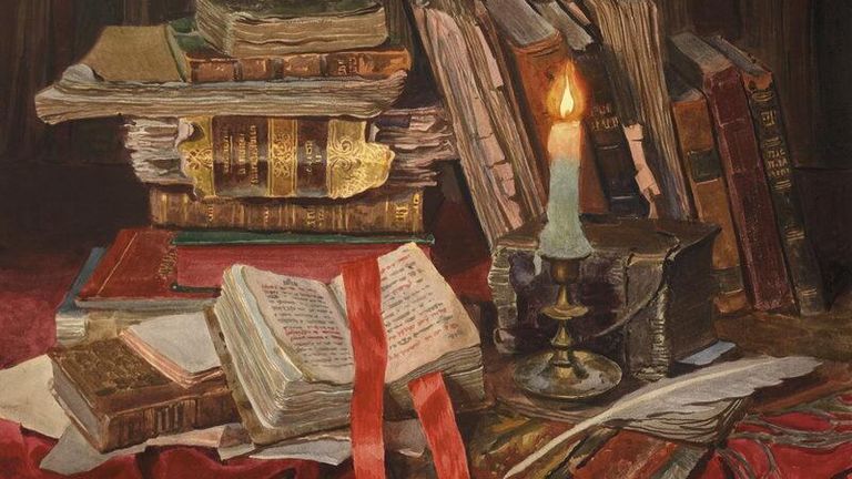 Картина Старые книги и свеча Картина Старые книги и свеча
