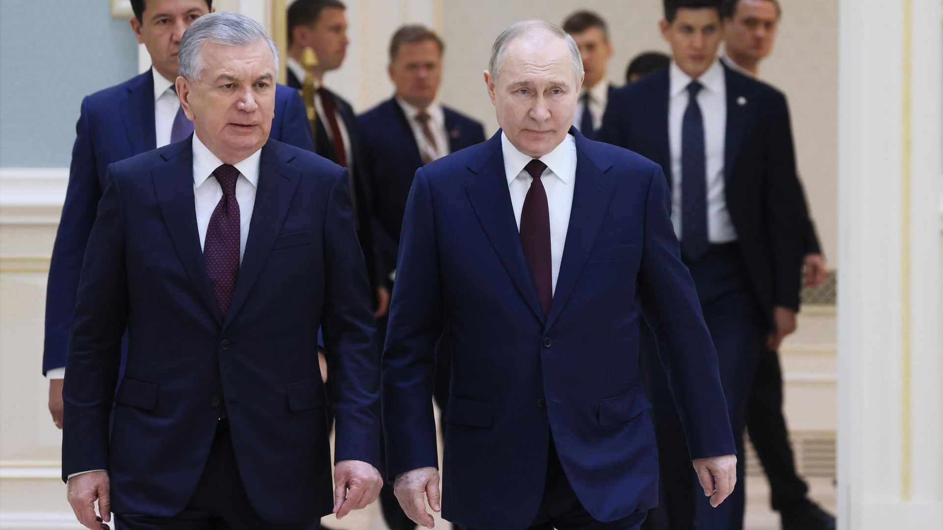 Президент РФ Владимир Путин и президент Узбекистана Шавкат Мирзиеев на российско-узбекистанских переговорах Президент РФ Владимир Путин и президент Узбекистана Шавкат Мирзиеев на российско-узбекистанских переговорах - РИА Новости, 1920, 28.05.2024