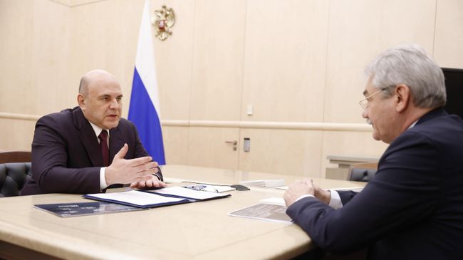 Председатель правительства РФ Михаил Мишустин и генеральный директор Российского научного фонда Владимир Беспалов во время встречи. 6 июня 2024