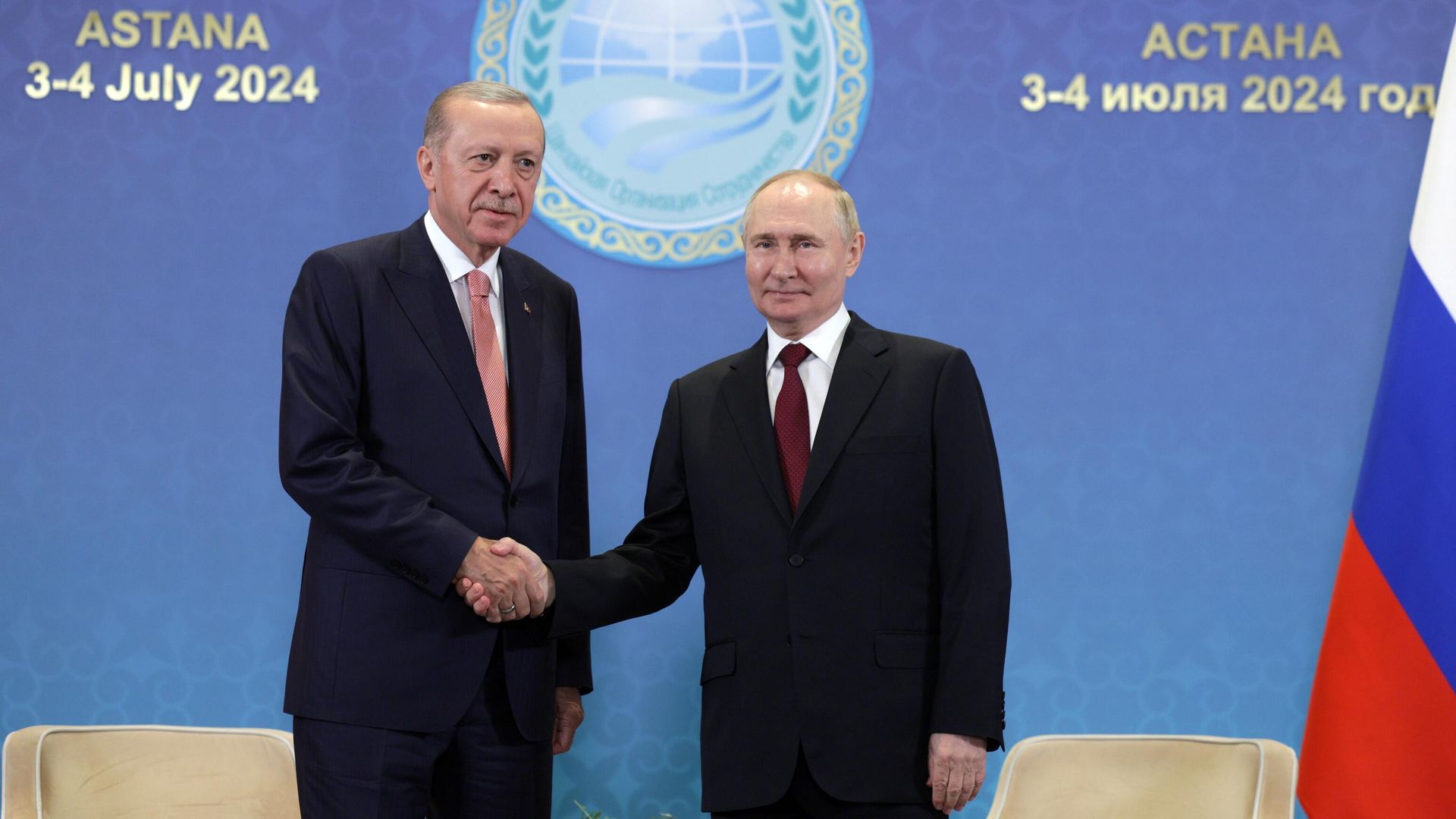 Президент РФ Владимир Путин и президент Турецкой Республики Реджеп Тайип Эрдоган во время встречи на полях саммита Шанхайской организации сотрудничества Президент РФ Владимир Путин и президент Турецкой Республики Реджеп Тайип Эрдоган во время встречи на полях саммита Шанхайской организации сотрудничества - РИА Новости, 1920, 05.07.2024
