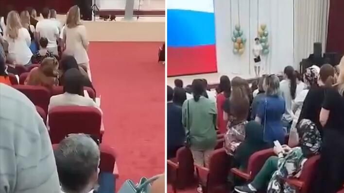 Кадры, на которых видно, что некоторые зрители сидят во время торжественного исполнения гимна России на выпускном вечере в Нальчике - РИА Новости, 1920, 22.07.2024