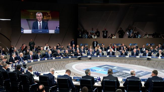 Генеральный секретарь НАТО Йенс Столтенберг выступает на саммите НАТО в Вашигтоне