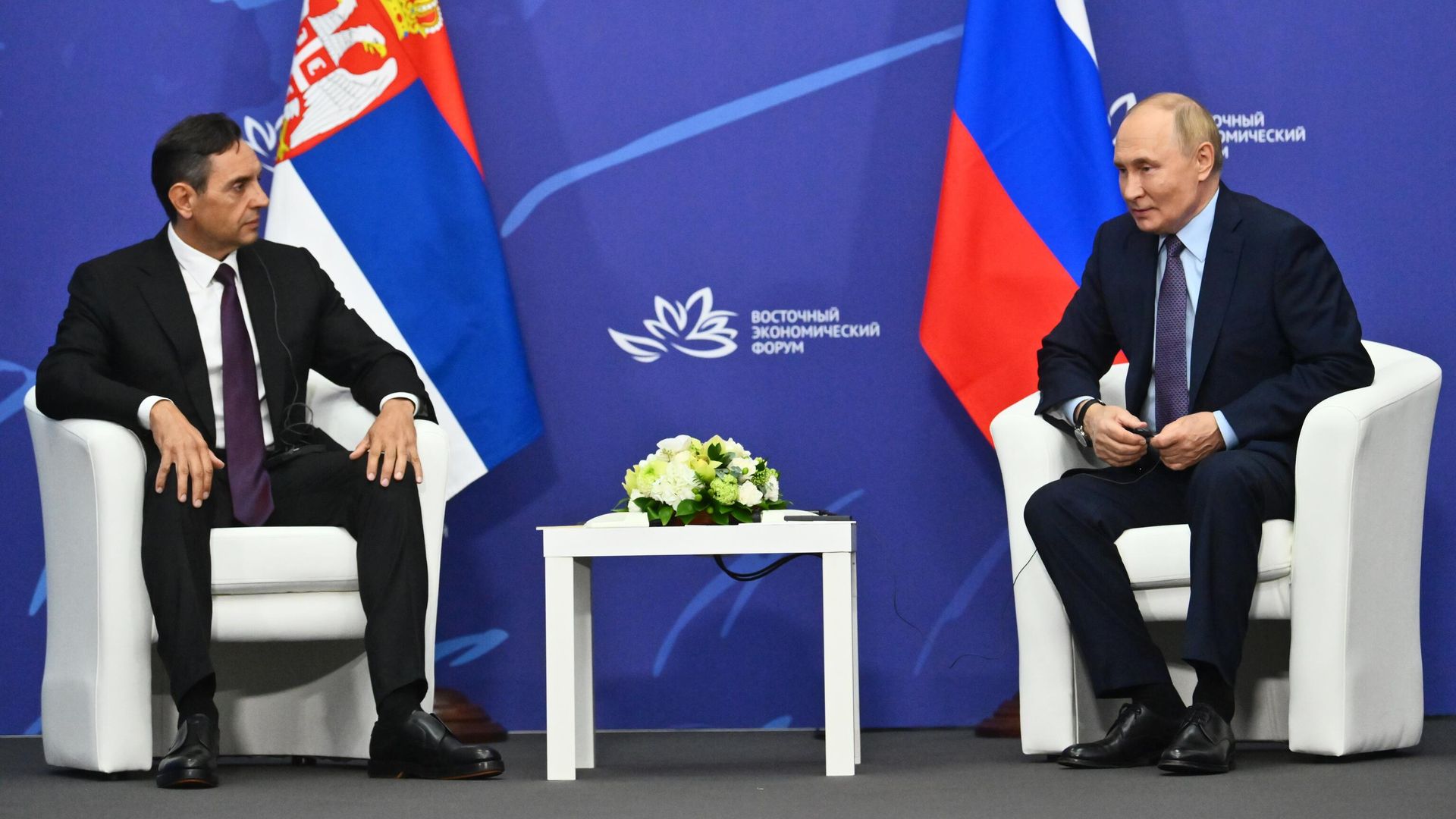 Президент РФ Владимир Путин и заместитель председателя правительства Сербии Александр Вулин во время встречи в Дальневосточном федеральном университете. 4 сентября 2024 Президент РФ Владимир Путин и заместитель председателя правительства Сербии Александр Вулин во время встречи в Дальневосточном федеральном университете. 4 сентября 2024 - РИА Новости, 1920, 04.09.2024