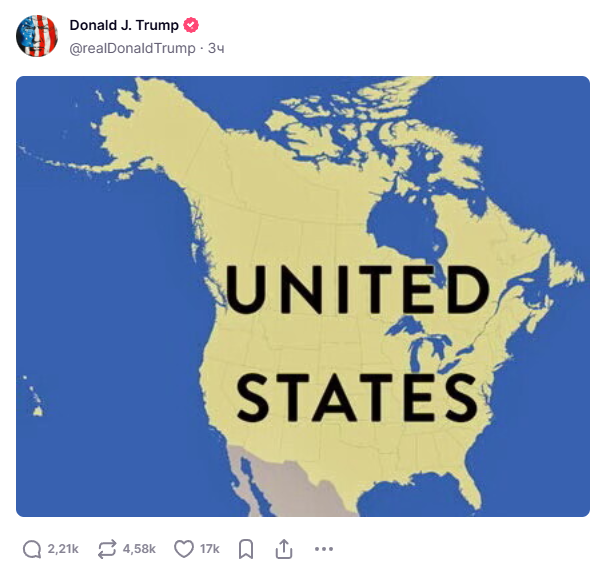 Дональд Трамп опубликовал карту США с присоединенной Канадой. Скриншот из соцсети Truth Social Дональд Трамп опубликовал карту США с присоединенной Канадой. Скриншот из соцсети Truth Social - РИА Новости, 1920, 08.01.2025
