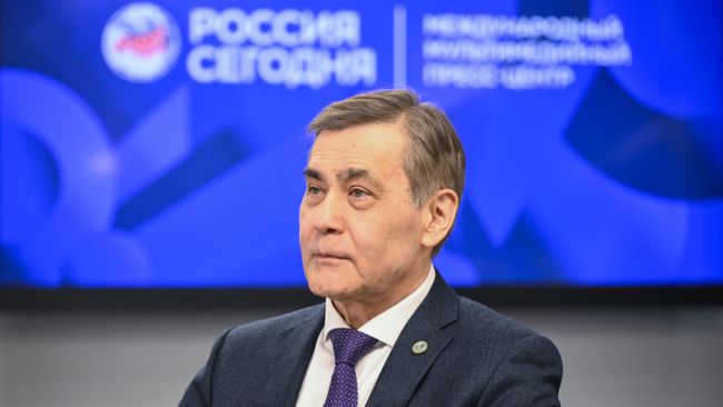 Генеральный секретарь Шанхайской организации сотрудничества Нурлан Ермекбаев во время интервью в Международном мультимедийном пресс-центре медиагруппы Россия сегодня
