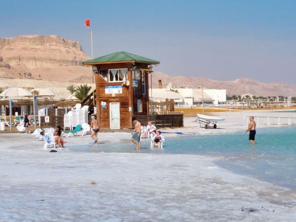 Туристы купаются в Мертвом море, Израиль