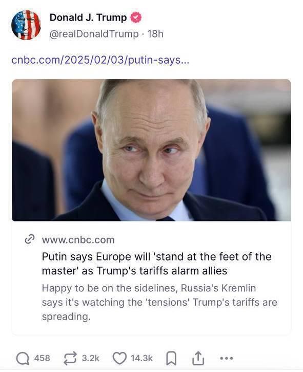 Публикация президента США Дональда Трампа в социальной сети Truth Social  - РИА Новости, 1920, 10.02.2025