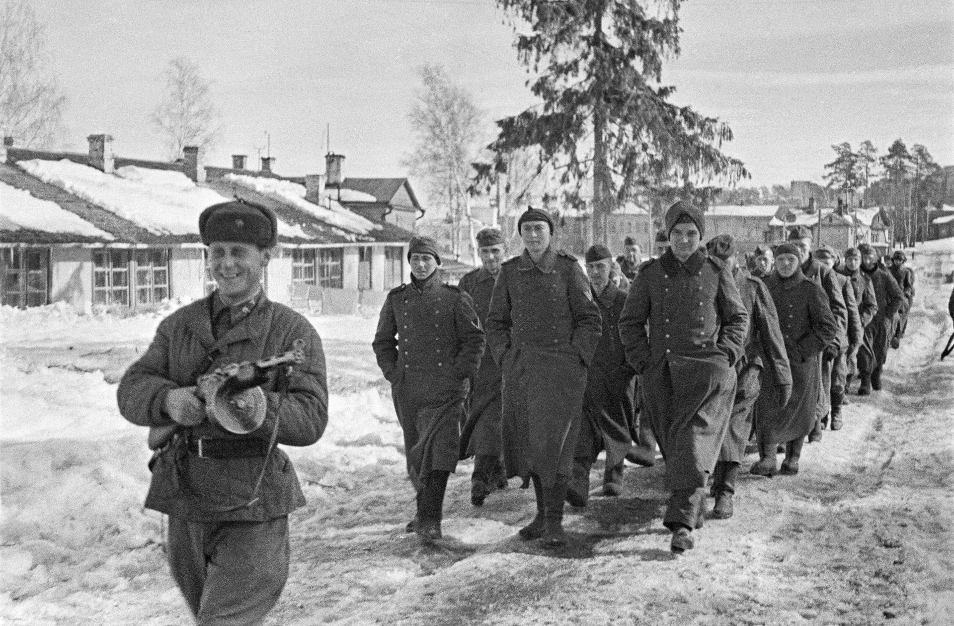 Боец РККА конвоирует колонну немецких солдат, плененных под Москвой