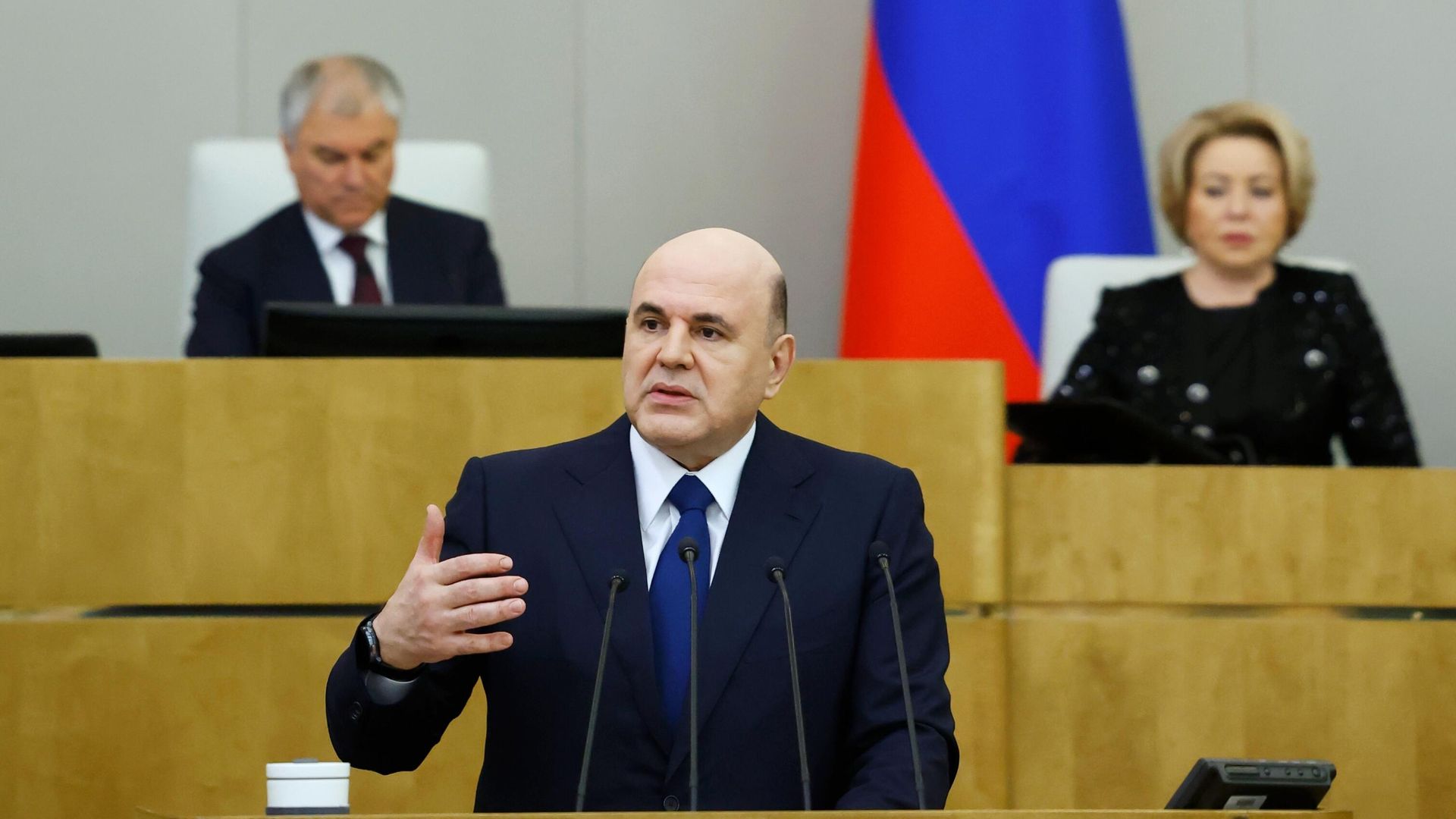 Председатель правительства РФ Михаил Мишустин выступает с ежегодным отчетом правительства РФ в Государственной Думе РФ Председатель правительства РФ Михаил Мишустин выступает с ежегодным отчетом правительства РФ в Государственной Думе РФ - РИА Новости, 1920, 26.03.2025