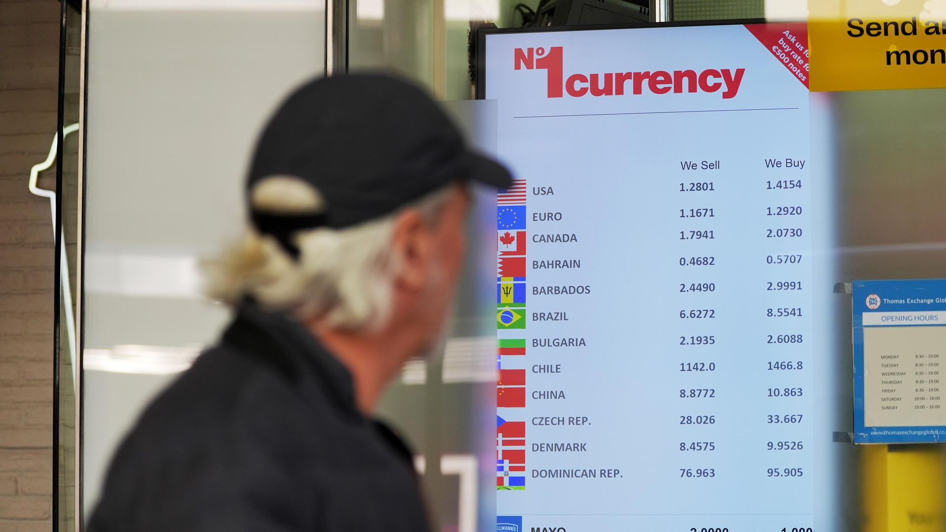 Табло валютной биржи в Лондоне, показывающее стоимость доллара США после введения пошлин Дональдом Трампом - РИА Новости, 1920, 03.04.2025