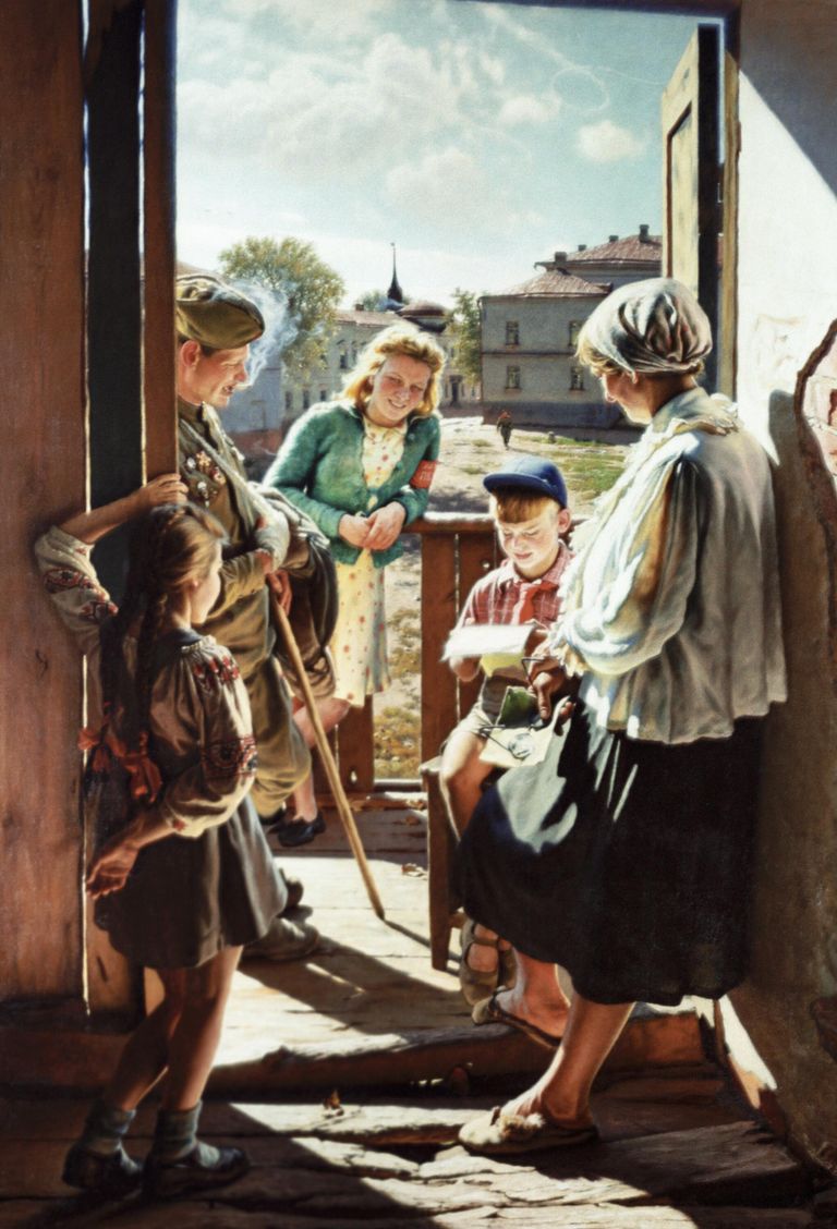 Репродукция картины Письмо с фронта (1947 г.) работы художника Александра Ивановича Лактионова из собраний Государственной Третьяковской галереи Репродукция картины Письмо с фронта (1947 г.) работы художника Александра Ивановича Лактионова из собраний Государственной Третьяковской галереи