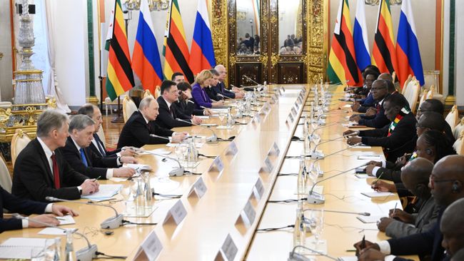 Президент России Владимир Путин и президент Республики Зимбабве Эммерсон Мнангагва во время встречи Президент России Владимир Путин и президент Республики Зимбабве Эммерсон Мнангагва во время встречи