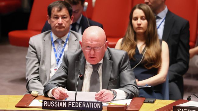 Постпред России при ООН Василий Небензя вытупает на заседании Совета Безопасности, посвященном ударам по иранской ядерной инфраструктуре