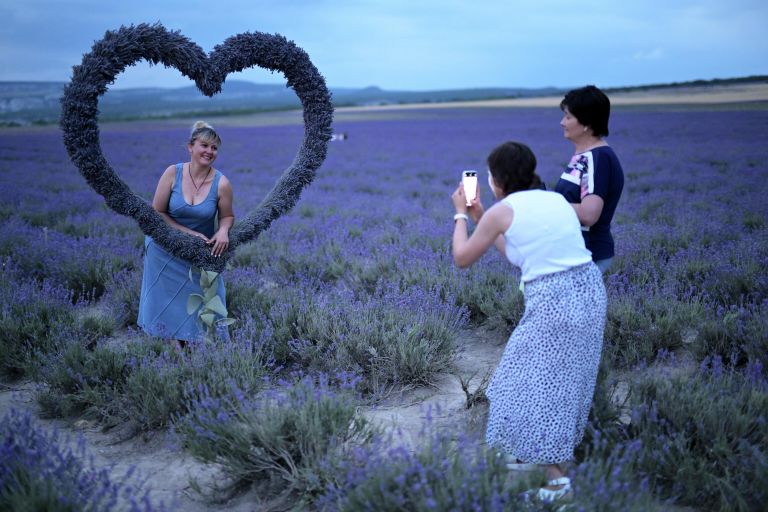 Туристы на плантациях лаванды в Бахчисарайском районе в Крыму Туристы на плантациях лаванды в Бахчисарайском районе в Крыму