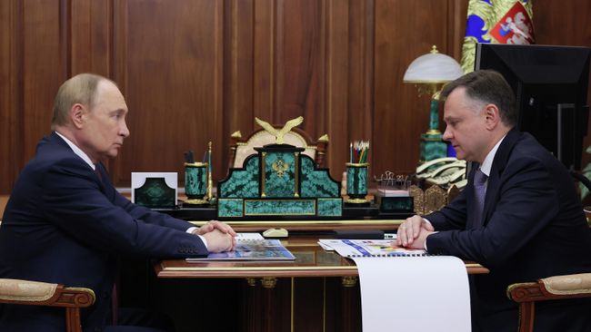 Президент РФ Владимир Путин и временно исполняющий обязанности губернатора Ростовской области Юрий Слюсарь во время встречи