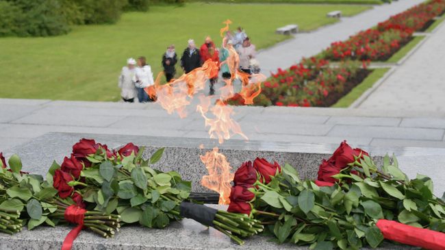 Цветы, возложенные к монументу Мать-Родина на Пискарёвском мемориальном кладбище в День памяти жертв блокады Ленинграда