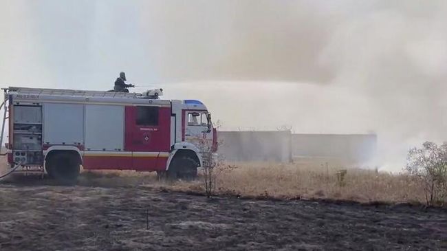 Ликвидация ландшафтного пожара в Симферопольском районе Крыма. Кадр видео