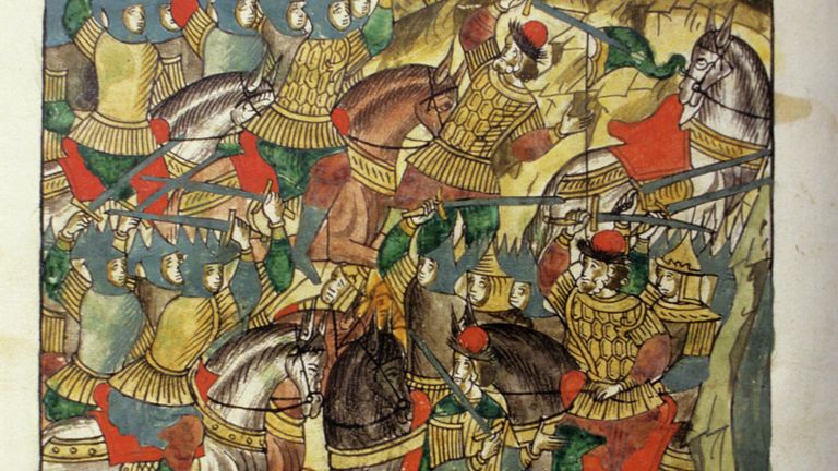 Миниатюра Князь Дмитрий Иванович (Донской) во время Куликовской битвы из Лицевого летописного свода, составленного при Иване Грозном в 40-60-х годах 16-го века