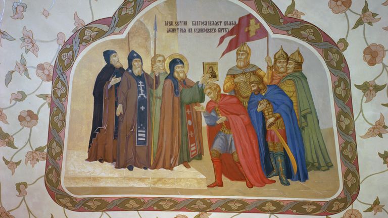 Настенная роспись Преп. Сергий благословляет князя Димитрия на Куликовскую битву