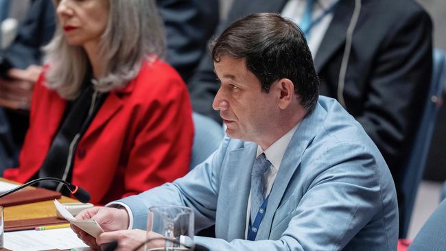 Первый заместитель постпреда РФ при ООН Дмитрий Полянский на заседании Совбеза ООН