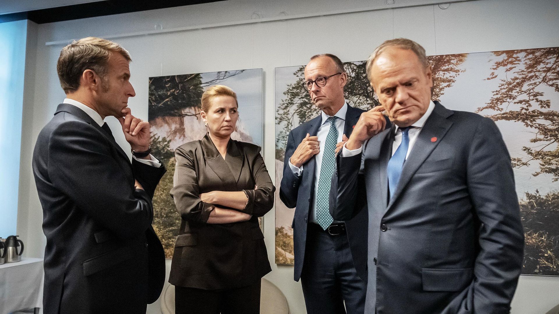 Президент Франции Эммануэль Макрон, премьер-министр Дании Метте Фредериксен, канцлер Германии Фридрих Мерц и премьер-министр Польши Дональд Туск перед началом заседания Контактной группы по Украине в рамках саммита Европейского политического сообщества в Копенгагене - РИА Новости, 1920, 04.10.2025