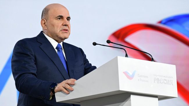 Председатель правительства РФ Михаил Мишустин выступает на пленарном заседании международного экспортного форума Сделано в России в Москве