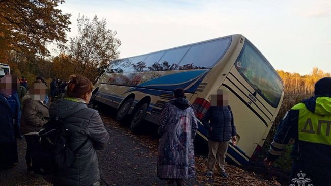 Экскурсионный автобус съехал в кювет в Полесском  муниципальном округе Калининградской области