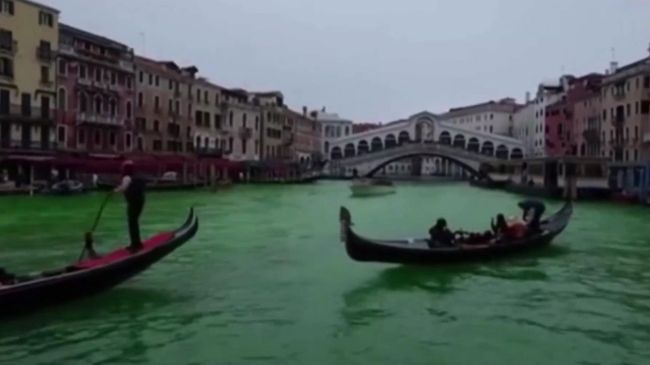 Экоактивисты с участием Греты Тунберг окрасили воды Большого канала в Венеции в зеленый цвет