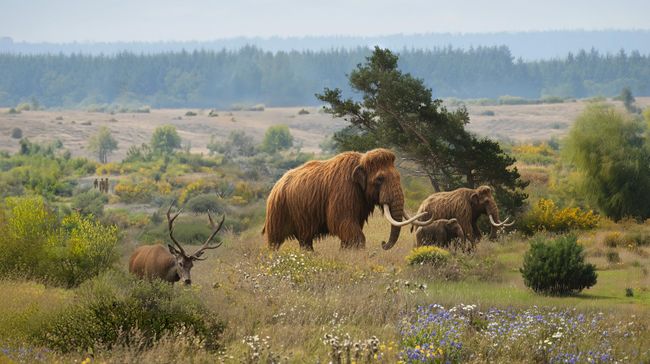 Примерно 11 тысяч лет назад. Шерстистые мамонты (Mammuthus primigenius) и благородные олени (Cervus elaphus hippelaphus) на Куликовом поле в районе реки Смолки. Для человеческой цивилизации это верхний палеолит (древнекаменный век). Мастерская по изготовлению каменных орудий этого периода найдена на берегу реки Непрядвы.