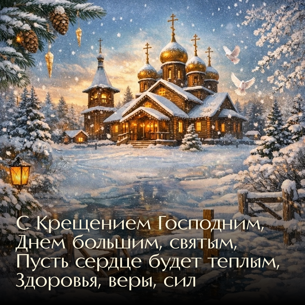 Классическая открытка с Крещением: деревянный храм и поздравление - РИА Новости, 1920, 16.01.2026