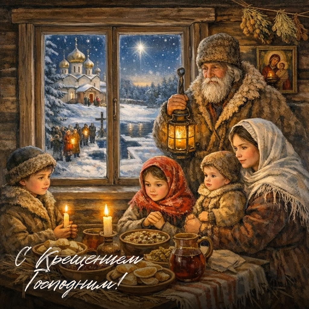 Красивая открытка: дети с дедушкой готовятся к празднику Крещения - РИА Новости, 1920, 16.01.2026