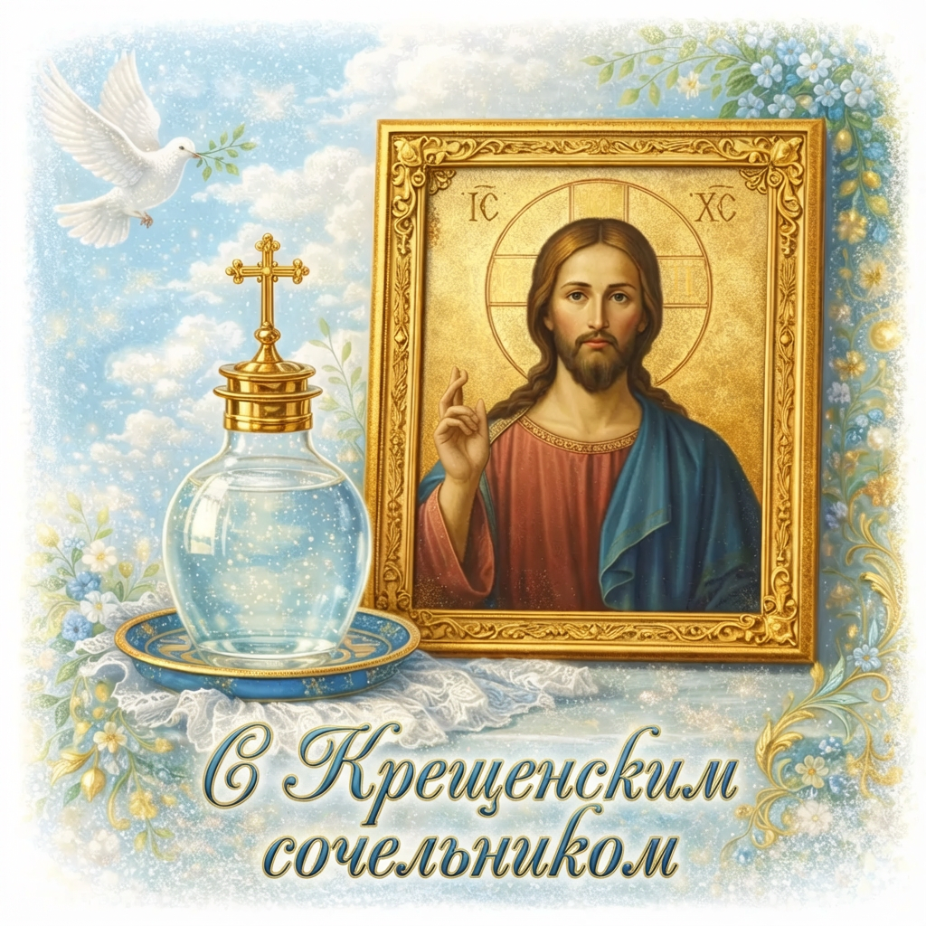 Открытка с Крещенским сочельником: освященная вода и лик Спасителя - РИА Новости, 1920, 16.01.2026