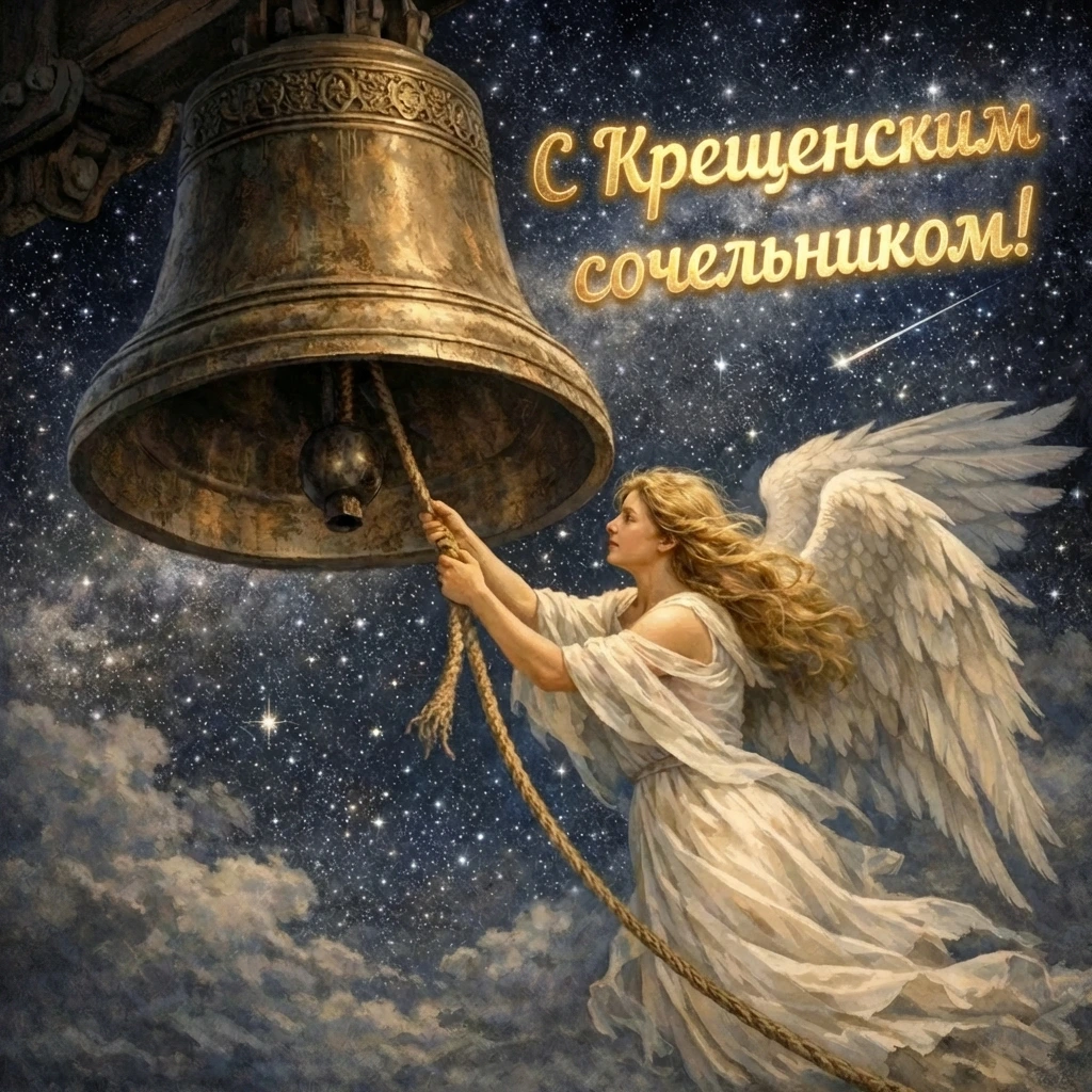 Открытка с Крещенским Сочельником: ангел и колокол - РИА Новости, 1920, 16.01.2026