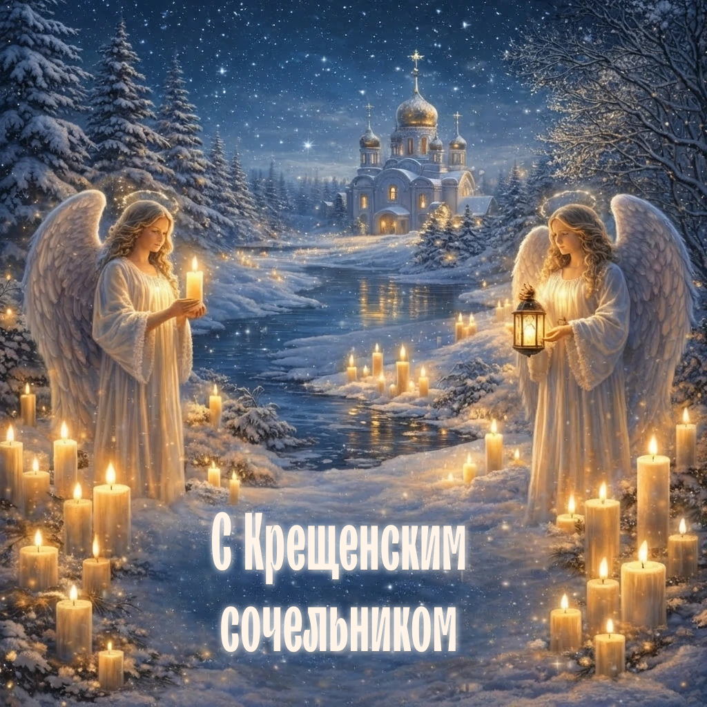 Красивая открытка с Крещенским сочельником: ангелы указывают путь к храму - РИА Новости, 1920, 16.01.2026